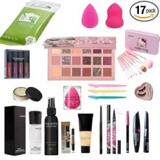 Waterproof Makeup kit For Women & Girls (Set of 17)NudeEyeshadow Pallete, Makeup Brush set of 7, Kajal, 3in1, Eyelashes, Red edition, Foundation, Primer, Loose Powder,Fixer, Wipes,eyebrow razor etc