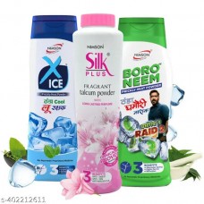 Nimson Silk Plus Fragrant & Boro Neem Prickly Heat Cool Talc & X-ice Talcum Powder Ghamori, Loo Rakshak & Perfume Talc For Women & Men Combo Offer (3 x 100 g)