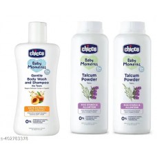 Chicco Baby Moments Tear Free 2in1 gentle Baby Wash and Shampoo (200ml) & Baby Talcum Powder (2x150g) - Combo of 3 Items